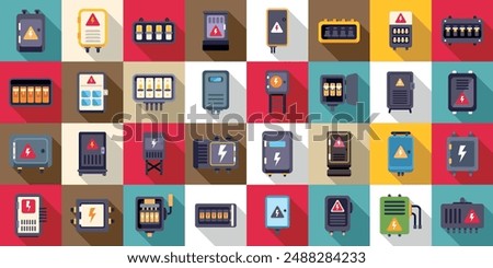 Electric switchboard icons set. Electric switchboard with wires providing power supply for buildings icons set in flat style with long shadow
