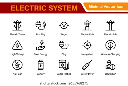 Electric System isolated icon set. Set of home electrification, electrical wire, and cable, lightbulb, led lamp, electricity meter, junction box, outlet and switch, extension cord, and more.