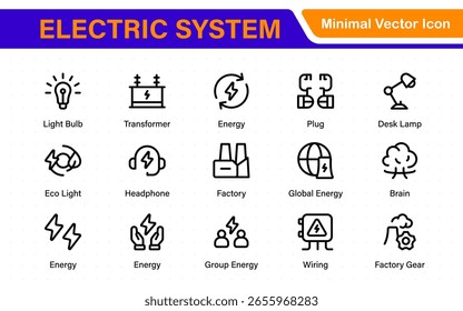 Sistema eléctrico aislado conjunto de iconos. Conjunto de electrificación para el hogar, cable eléctrico y cable, bombilla, lámpara led, medidor de electricidad, caja de conexiones, toma e interruptor, cable de extensión y más.