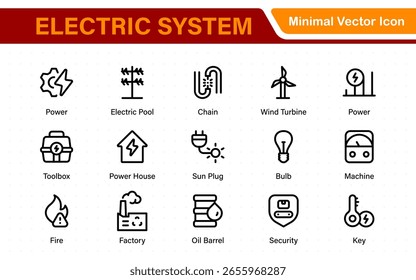 Conjunto de ícones isolado do sistema elétrico. Conjunto de eletrificação doméstica, fio elétrico e cabo, lâmpada, lâmpada led, medidor de eletricidade, caixa de junção, tomada e interruptor, cabo de extensão e muito mais.