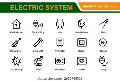 Sistema eléctrico aislado conjunto de iconos. Conjunto de electrificación para el hogar, cable eléctrico y cable, bombilla, lámpara led, medidor de electricidad, caja de conexiones, toma e interruptor, cable de extensión y más.