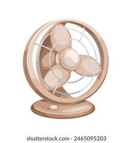 Electric table fan, cartoon small ventilator. Portable beige appliance for office or home desk, indoor rotation cooling equipment mascot, cartoon fan with propeller and round stand vector illustration