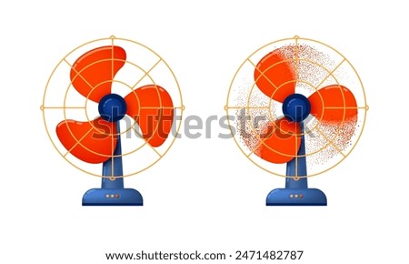 Electric table fans turned off and running with the breeze isolated on a white background. Vector illustration.