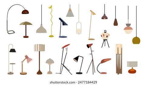 Electric table, floor lamps, lampshades, ceiling chandeliers, bedside nightlights set. Different interior light decor standing and hanging. Flat vector illustrations isolated on white background