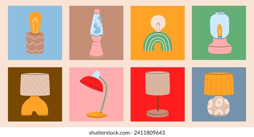 Electric table lamps,lampshades,bedside nightlights set.Different lights from wood,glass,lava,ceramic,paper.Colorful design elements for home illumination ans decor isolated.Vector illustration EPS10