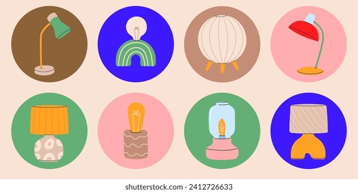 Electric table lamps,lampshades,bedside nightlights set.Different lights from wood,glass,ceramic.Colorful design elements for home illumination ans decor isolated.Vector illustration EPS10