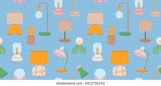 Electric table,floor lamps,lampshades,bedside nightlights pattern.Different lights from wood,glass,ceramic.Design elements for home illumination,decor.Vector illustration