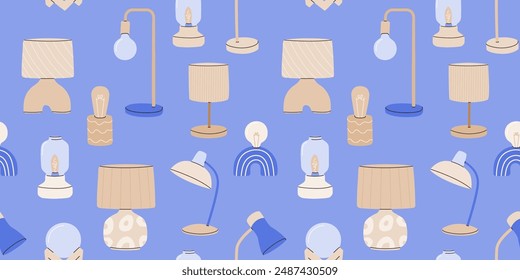 Electric table,floor lamps,lampshades,bedside nightlights pattern.Different lights from wood,glass,ceramic.Design elements for home illumination,decor.Vector illustration EPS 10