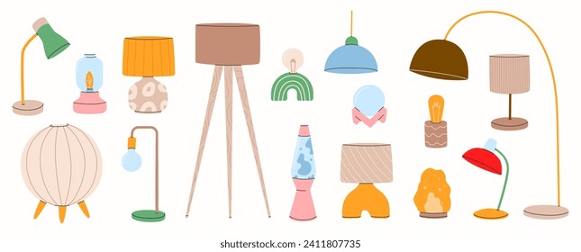 Electric table,floor lamps,lampshades,bedside nightlights set.Different lights from wood,glass,lava,salt crystal,ceramic,paper.Design elements for home illumination,decor isolated on white.Vector