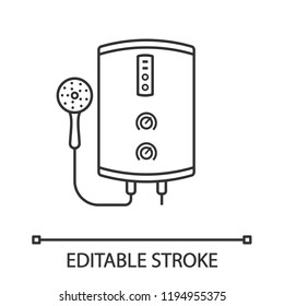 Electric tankless water heater linear icon. Bathroom heating water. Thin line illustration. On demand home boiler with shower head. Contour symbol. Vector isolated outline drawing. Editable stroke