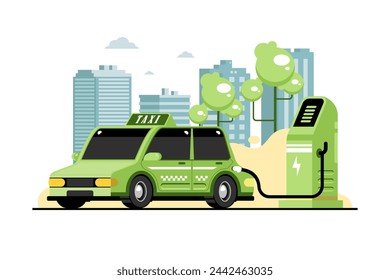 Elektrische Taxi-Auto-Ladestation auf isoliertem Hintergrund, Vektor-Illustration.