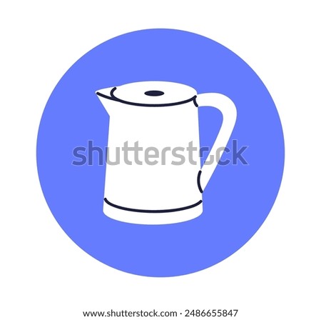 Electric tea kettle, circle icon. Kitchen appliance for boiling water. Domestic household teakettle, heating device, kitchenware, round sticker. Flat vector illustration isolated on white background