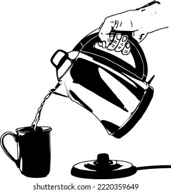 Electric tea kettle sketch drawing silhouette, electric tea kettle clipart and symbol, hand holding electric tea kettle vector and illustration