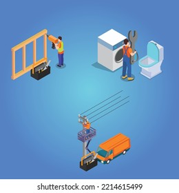 Electric technician, home renovation and plumbing service isometric 3d vector illustration concept for banner, website, illustration, landing page, flyer, etc.