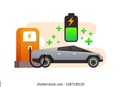 The Electric Tesla Cyber Truck Car Is Charging The Battery At Super Charger Station. Cyber Truck Vector. Futuristic And Modern Autonomous Self Driving Car Truck Illustration Background.