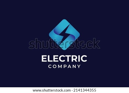 Electric thunder bolt logo design with Gradient blue square vector illustration