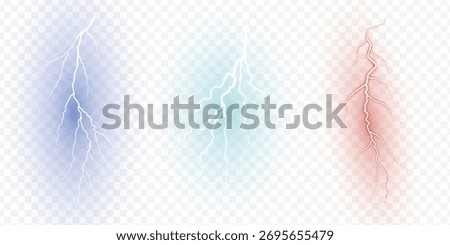 Electric thunder flash isolated on light transparent background. Vibrant lightning bolts in red blue and cyan colors. Lightning bolts PNG.