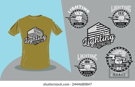 Electric Thunder typography, t-shirt graphics, Set of vintage lightning bolts and sunrays on grunge background. Lightnings with sunburst effect. Thunderbolt, electric shock, vectors.
