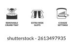 Electric toaster properties icons set - Removable crumb tray, Extra wide slots, Shade or browning settings. Pictograms for labeling in monochrome style