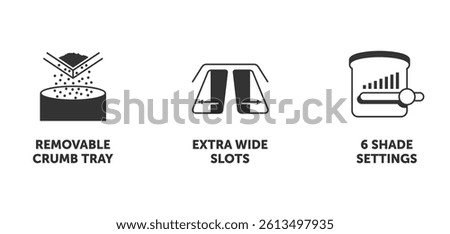 Electric toaster properties icons set - Removable crumb tray, Extra wide slots, Shade or browning settings. Pictograms for labeling in monochrome style