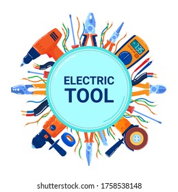 Ilustración vectorial de la herramienta eléctrica diy. Equipo plano de caricatura para la caja de herramientas de reparación del mango del trabajador electricista, abrazadera de taladro del destornillador, sierra de corresponsabilidad de potencia, almacén de hardware aislado en blanco