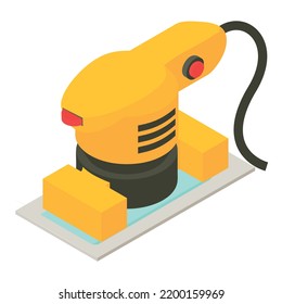 Electric tool icon isometric vector. Yellow sheet sander on work surface icon. Carpenter electric tool, sanding, construction and repair work