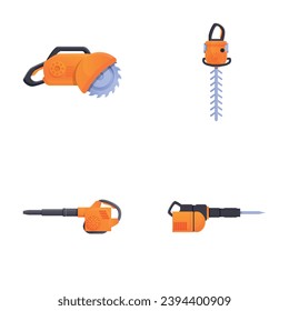 Electric tool icons set cartoon vector. Various type of saw. Gardening and repair equipment