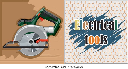 electric tool, manual circular saw, icon, wooden background