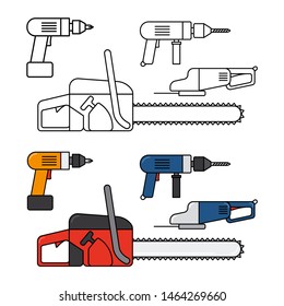 Electric tools for home repair - chainsaw, drill, jigsaw vector line icons set. Saw and electricity, drill disk, circular chainsaw illustration