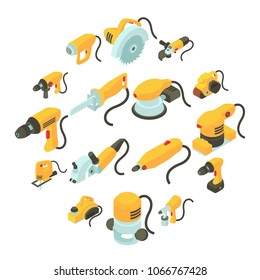 Electric tools icons set. Isometric cartoon illustration of 16 electric tools vector icons for web