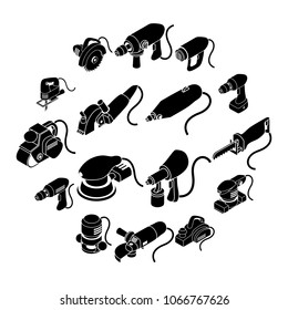 Electric tools icons set. Simple isometric illustration of 16 electric tools vector icons for web