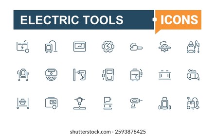 Electric Tools line icons set. Contain linear outline icons perforator, instrument, engrave, blade, equipment, building, router, chaser. Thin icon design. Editable stroke. Vector illustration.