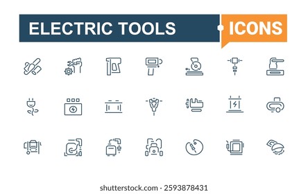 Electric Tools line icons set. Contain linear outline icons perforator, instrument, engrave, blade, equipment, building, router, chaser. Thin icon design. Editable stroke. Vector illustration.