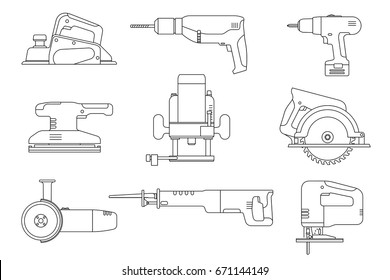 Electric tools line icons set. Vector thin illustrations of saws, drill, planer, grinders, screwdriver.