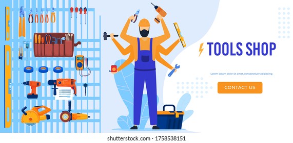Electric tools shop, technician worker electrician performing electrical works, equipments and tools flat vector illustration. Electricity works, repairs and maintenance webpage.