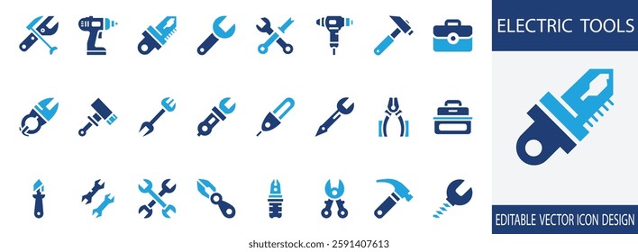 Electric tools vector icon set.  Wire, Watt, Power, Volt, Electro and more solid icons. vector illustration collection