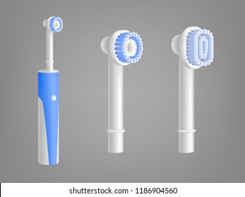 Electric toothbrush 3D isolated realistic vector illustration with replacement brush head and rubber grip. Blue and white blank mockup models for dental care and teeth cleaning