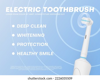 Electric toothbrush ad banner realistic vector illustration. Dentistry tooth oral cleaning mouth cavity hygiene device technology poster. Vibrate ultrasound brush whitening protection healthy smile