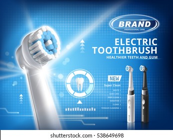 Electric toothbrush ads, different mode of this product with white tooth model on blue background in 3d illustration, black and white brushes for choice