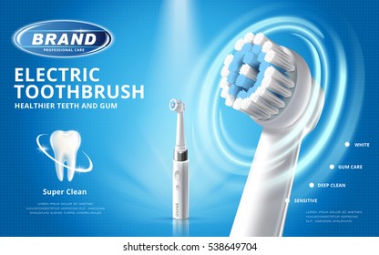 Electric toothbrush ads, different mode of this product with white tooth model on blue background in 3d illustration