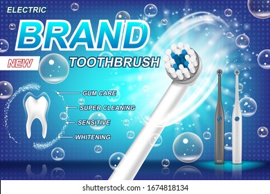 Electric toothbrush ads. Tooth model and product package design concept. vibrant toothbrush with different cleaning programs. 3d Vector illustration.