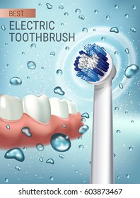 Electric toothbrush ads. Vector 3d Illustration with vibrant brush and Gum and teeth. Vertical poster with high tech products.