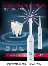 Electric toothbrush ads. Vector 3d Illustration with vibrant brush and tooth. Vertical poster with high tech products.