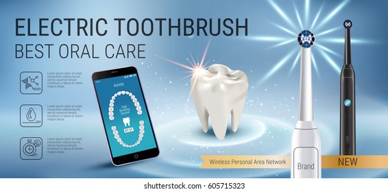 Electric toothbrush ads. Vector 3d Illustration with vibrant brush and mobile dental app on the screen of phone. Horizontal banner with high tech products.