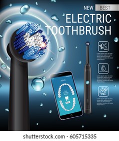 Electric toothbrush ads. Vector 3d Illustration with vibrant brush and mobile dental app on the screen of phone. Poster with high tech products.