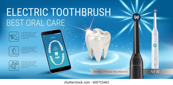 Electric toothbrush ads. Vector 3d Illustration with vibrant brush and mobile dental app on the screen of phone. Horizontal banner with high tech products.