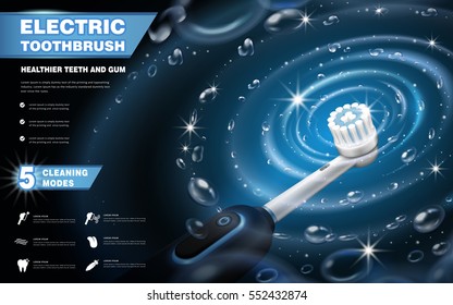 Electric toothbrush ads, vibrant brush with whirlpool effects isolated on dark blue background in 3d illustration, 5 cleaning modes