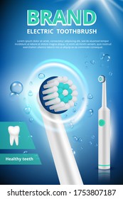 Electric toothbrush. Advertizing dental poster promotional picture of electrical toothbrush clean hygiene medical concept vector picture