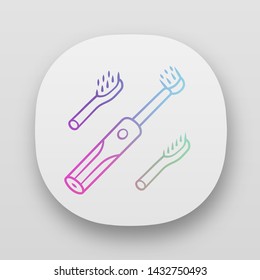 Electric toothbrush app icon. Teeth cleaning. Beauty device for home use. Health care. Caries prevention. Oral hygiene. UI/UX user interface. Web or mobile applications. Vector isolated illustrations