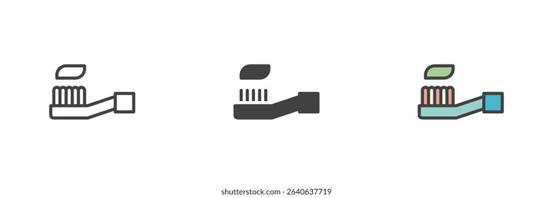Electric toothbrush with bristles icon in three vector styles: line, solid, and filled outline. Grooming and dental hygiene bathroom symbol icon set.